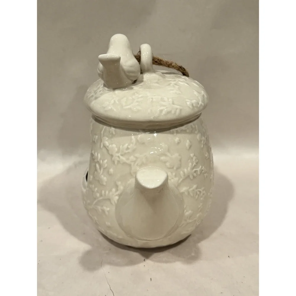 Vintage Hanging Ceramic Pottery‎ Tea Pot Birdhouse White Cream Color 7.5